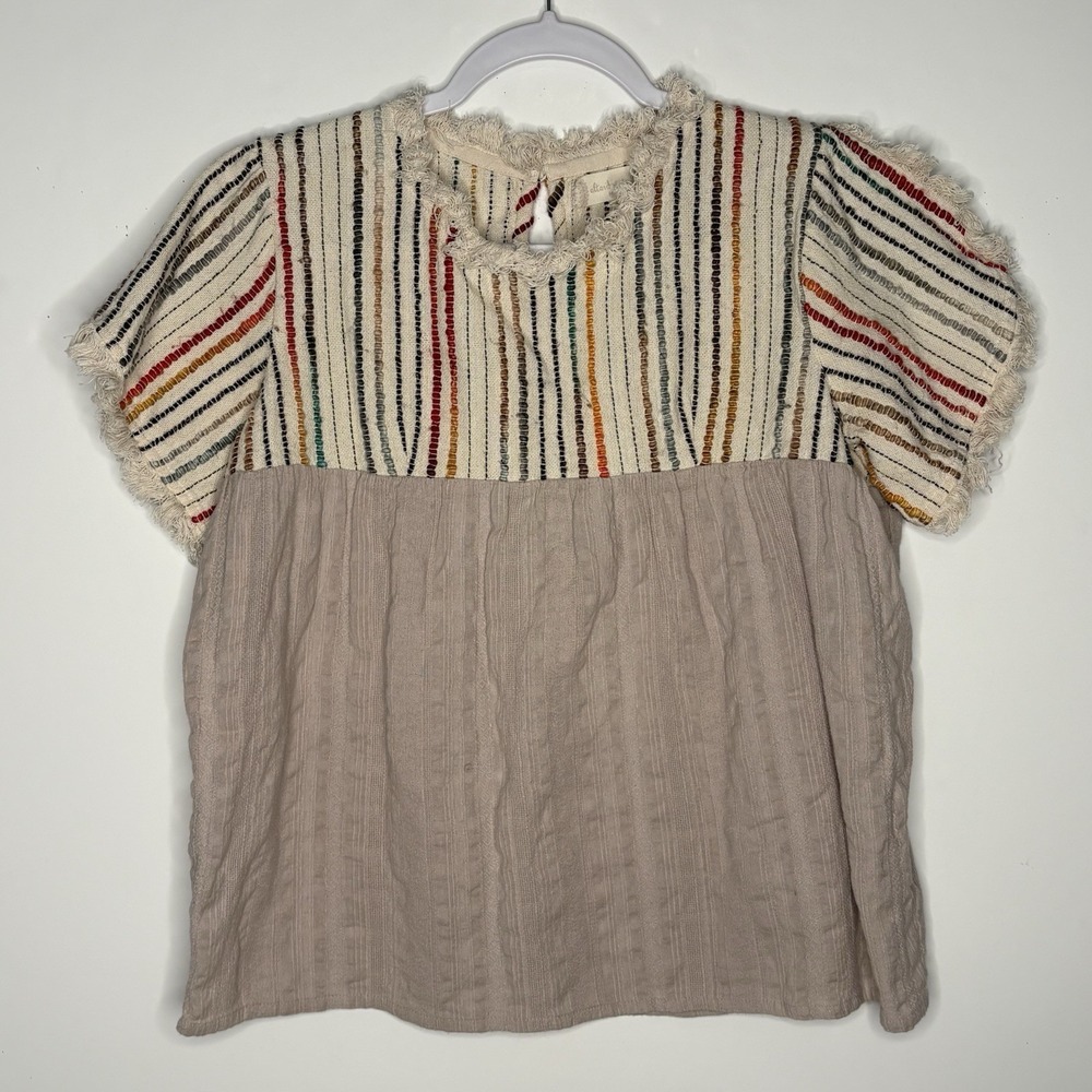 Altar'd State Boho Chic Fringe Trim Babydoll Top Medium Cottagecore Oatmeal